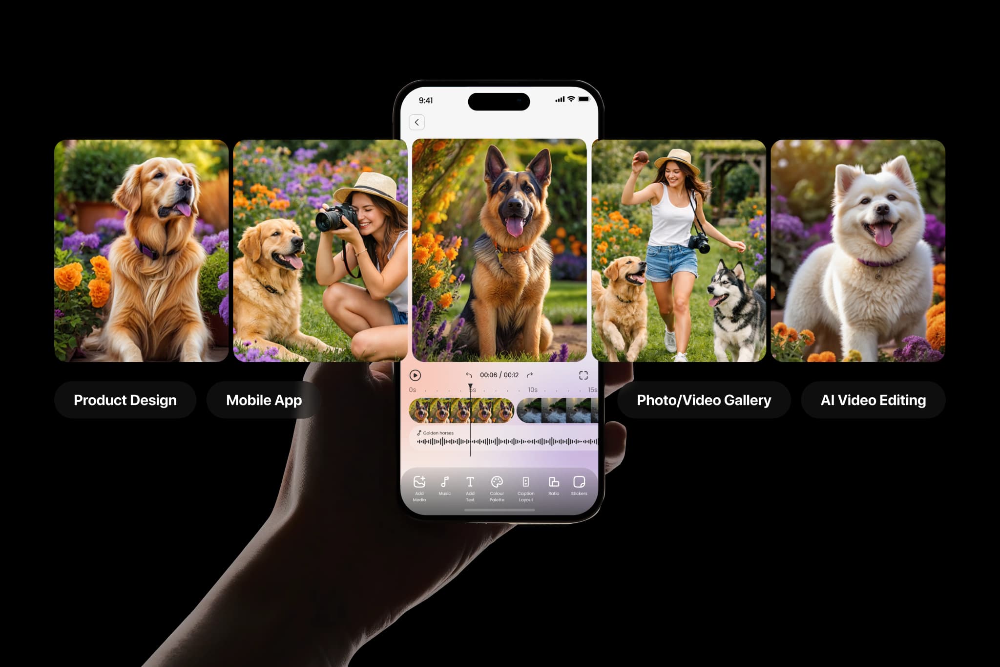 Mobile app showcasing product design and AI video editing